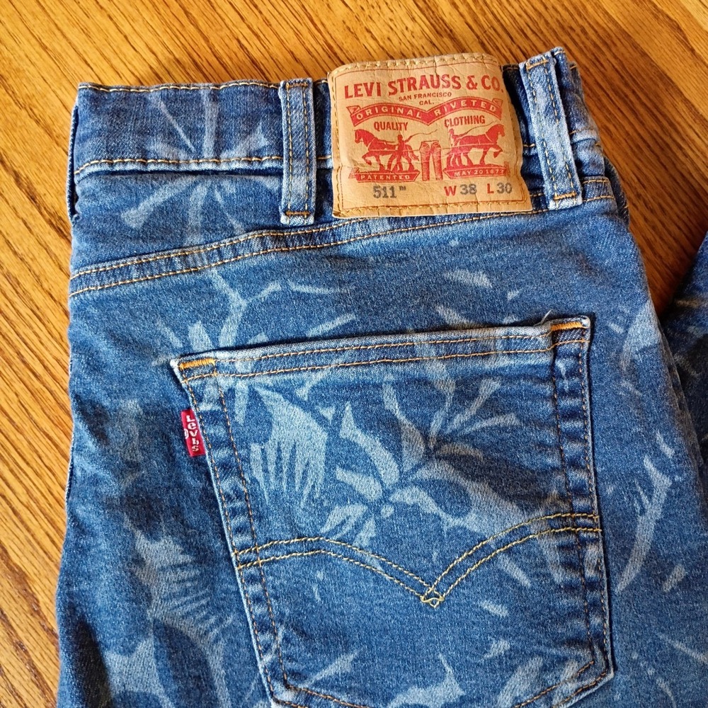 Levi's 511 Slim Jeans Men 38x30(36X29) Blue Tropical Leaf Print Streetwear Denim - Picture 2 of 14